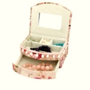Floral Print Fan Shape PomPom Accent Two Tiere Pink Cream Fabric Jewelry Box